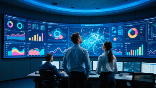 Professional team working in modern office environment with multiple computer screens showing financial charts and data visualization, blue background