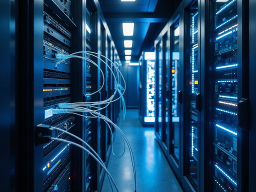 Modern server room with organized computer equipment and network cables, blue lighting effects, high-tech environment